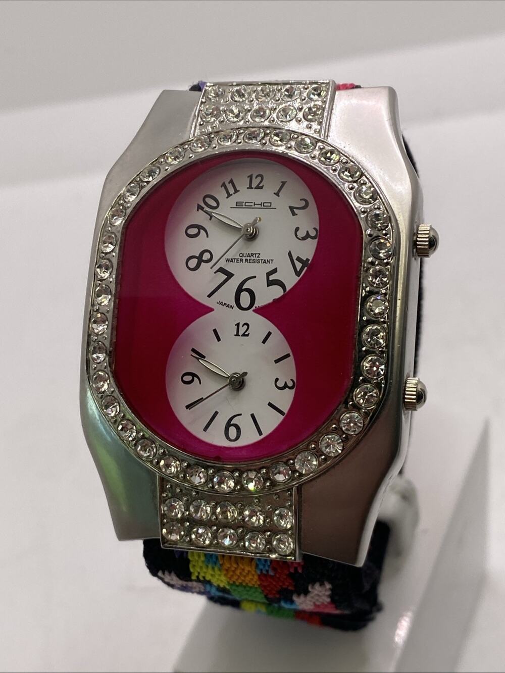 Echo Womens Two Time Dual Time Rhinestone Watch Works New Battery